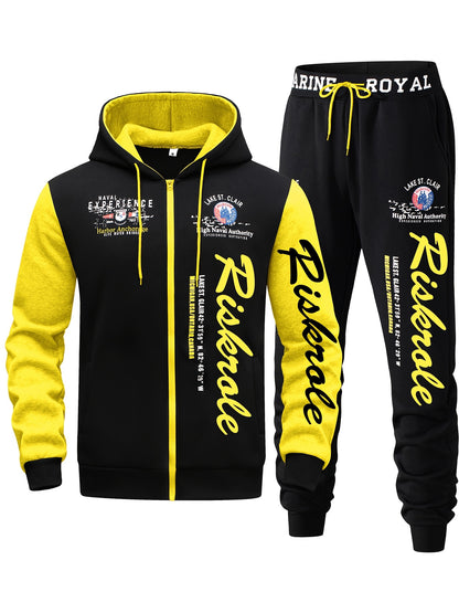 Men's Hooded Letter Print Tracksuit, 2pcs Casual Sports Set, Fashion Hoodie With Full-zip And Elastic-waist Pants, Regular Fit, Outdoor Cloth
