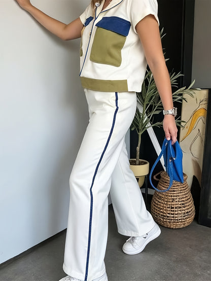 New Spring And Summer Fashion Color-Blocking Two-Piece Set Featuring a Short-Sleeve Zip Design And Wide-Leg Casual Pants for Women