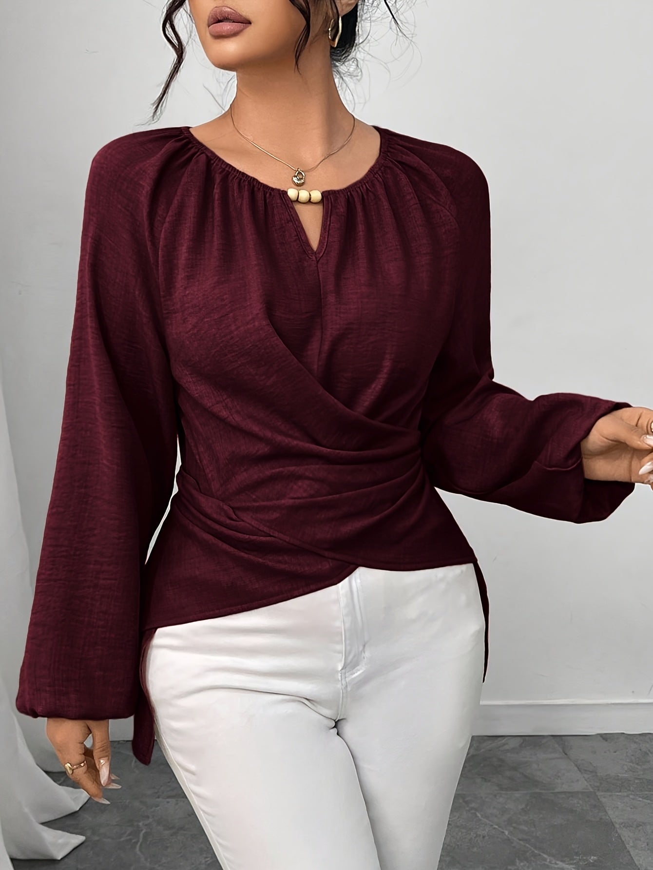 Women'S Elegant Beaded Wrap Shirt - Long Sleeve Round Neck Blouse with Beaded Embellishment, Solid Burgundy/Red/Pink/ - Casual to Formal