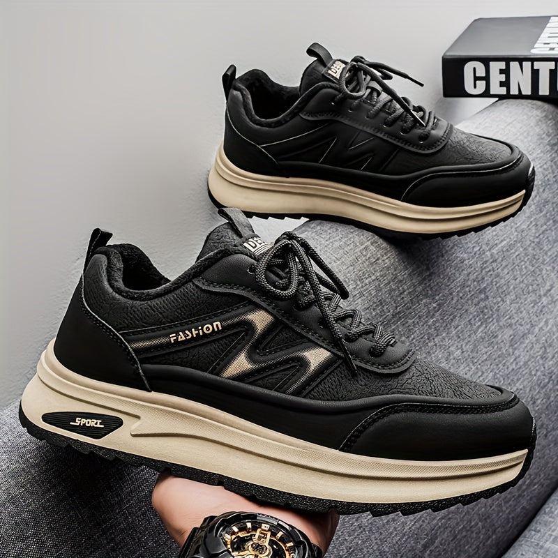 Men's Winter Thermal Low-Top Sneakers with Warm - All-Black Round Toe Lace-Up Shoes Suitable for, Outdoor, Daily Wear - Rubber Sole & Upper