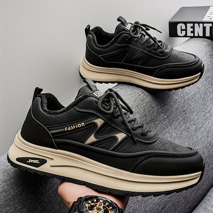 Men's Winter Thermal Low-Top Sneakers with Warm - All-Black Round Toe Lace-Up Shoes Suitable for, Outdoor, Daily Wear - Rubber Sole & Upper