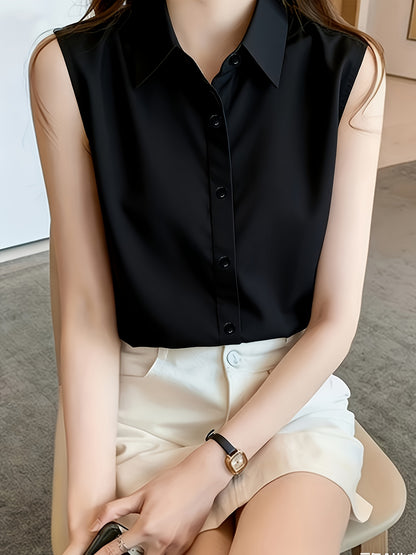 Elegant Women's Sleeveless Collared Shirt | Machine Washable | Suitable for Spring, Summer, and Autumn | Stylish Button Design, Women's Shirt, Women's Apparel, Outdoor Casual, Office, Date Wear