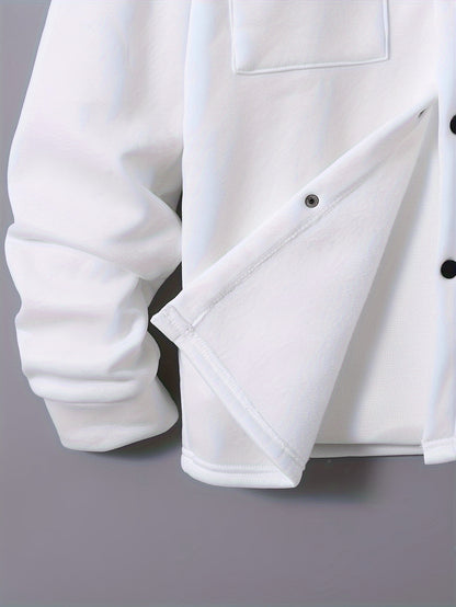 1set Men'S Casual Solid Color Polyester Outfit - Long Sleeve Button-Down Lapel Collar Jacket with Pockets and Drawstring Long Pants Set for Fall/Winter