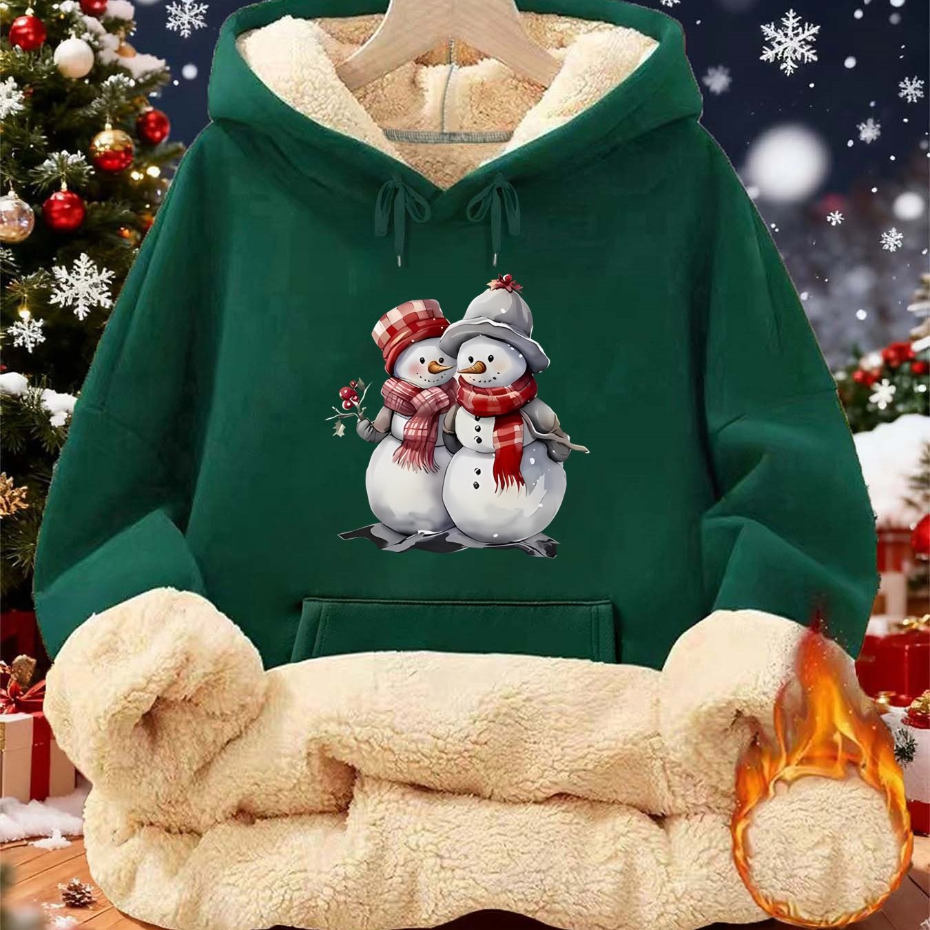 Women'S Winter Warmth Hooded Sweatshirt with Cute Snowman & Snowflake Print - Thick Fleece-Lined Long Sleeve Pullover, Cozy Casual Winter Sweater for Fall & Winter, Winter Sweatshirts, Seasonal Clothing, Playful Design, Soft