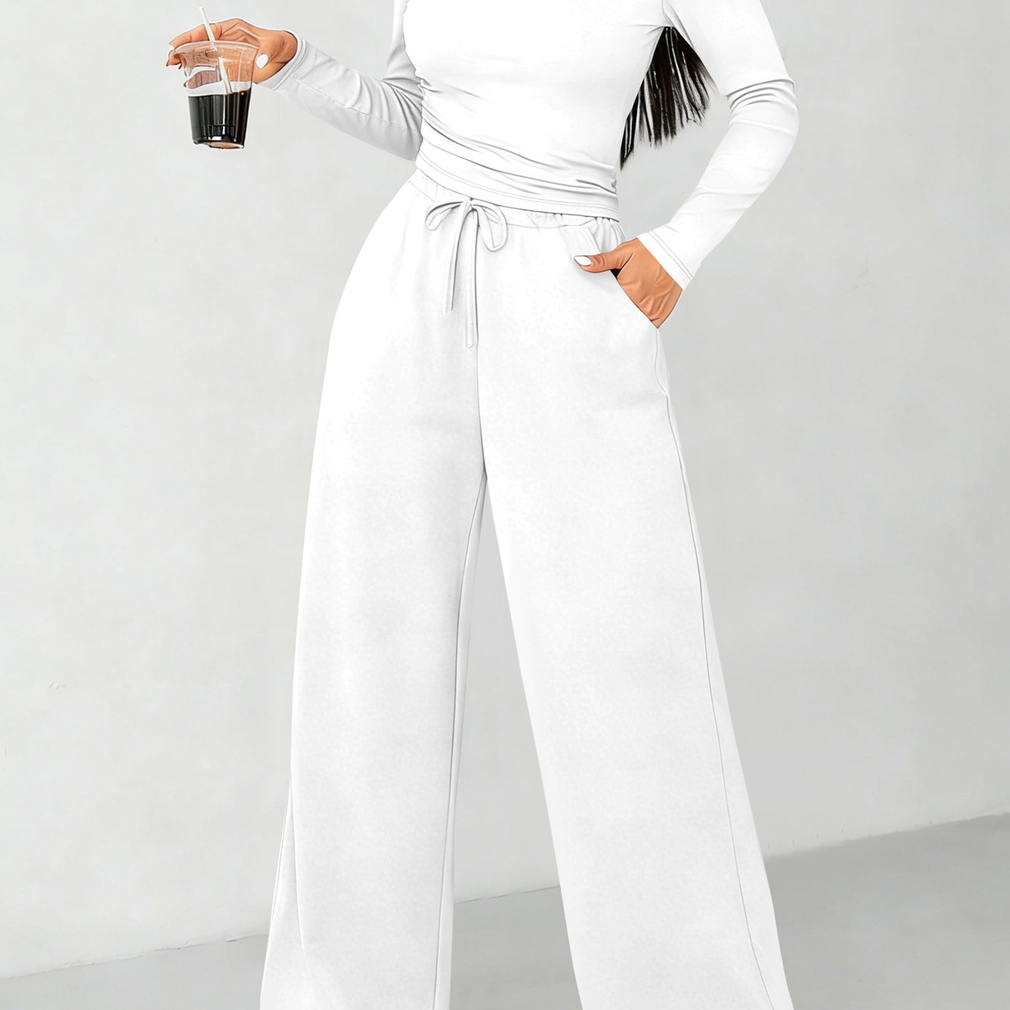All-season Solid Color Long-sleeved Top and High-waisted Wide-leg Pants Casual Suit