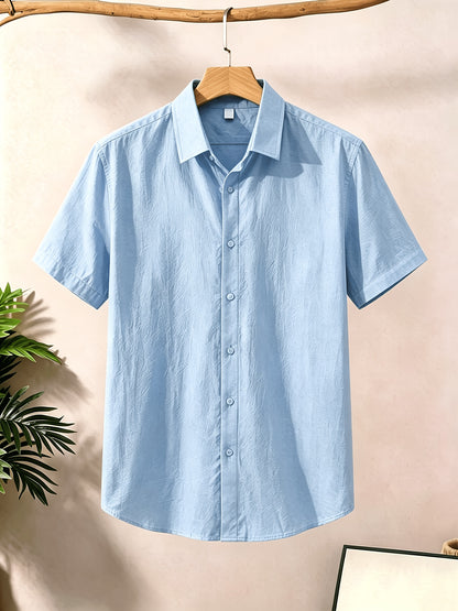Men's Casual Button-Up Shirt, Cotton-Linen Blend, Short Sleeve