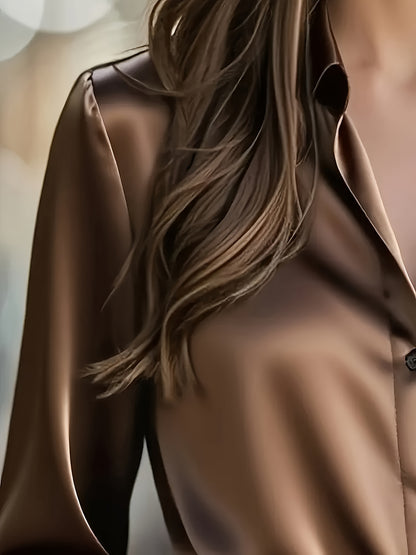 Women's Elegant All-Season Glossy  Shirt Jacket - Collar -Front Closure, Solid Brown (Copper/Black) - Tailored Blazer for, Office & Formal Events - Machine Washable Non-Stretch Professional Outerwear