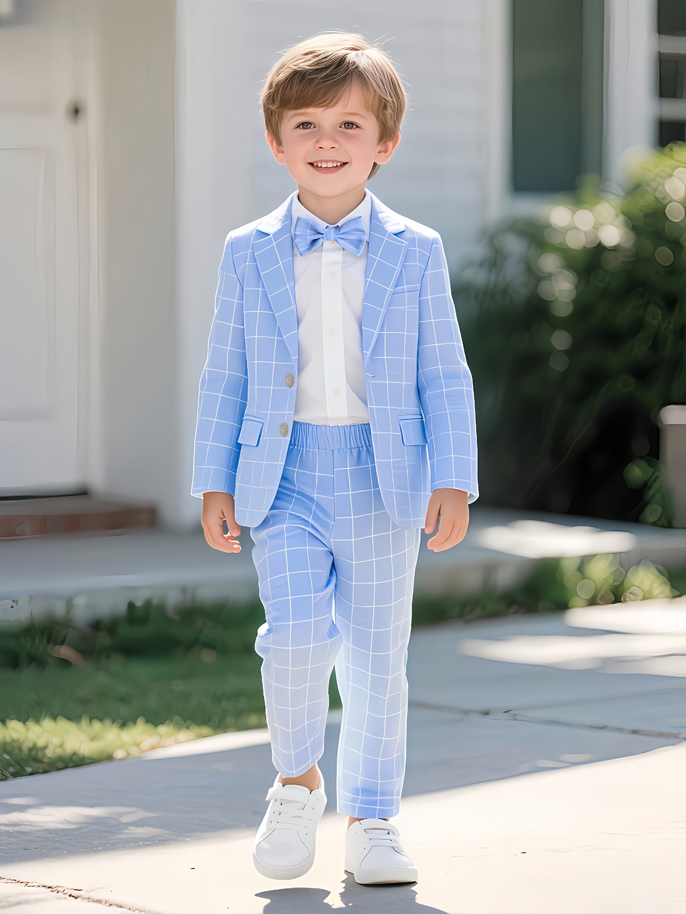 Boys 3-Piece Plaid Suit with Bow Tie for Parties & Weddings