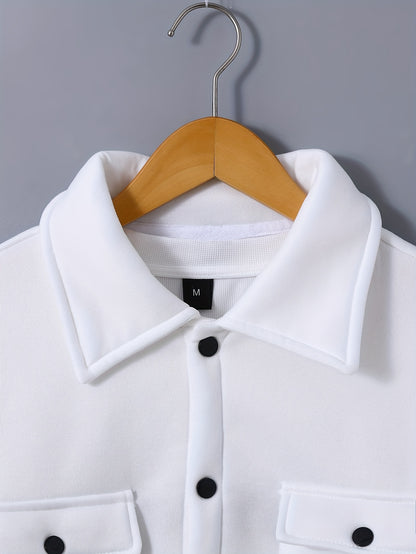 1set Men'S Casual Solid Color Polyester Outfit - Long Sleeve Button-Down Lapel Collar Jacket with Pockets and Drawstring Long Pants Set for Fall/Winter