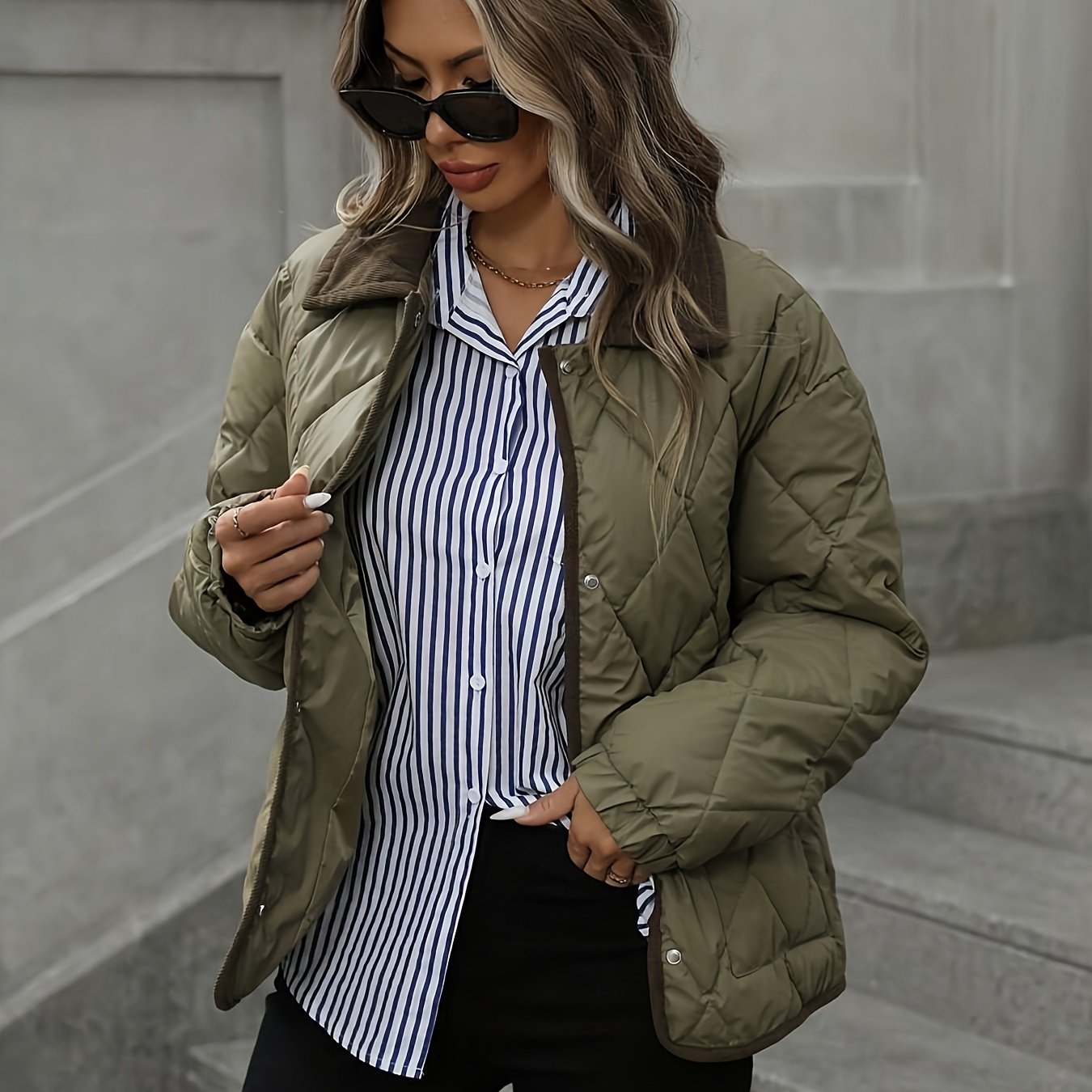 Rhombus Pattern Fashion Women's Top, Collar Spliced Single-Breasted Short Coat, Winter 2024 New Arrival, Contrast Trim, Petite-Friendly Jacket, Fashionable Warm Casual Outerwear, High-Reviewed