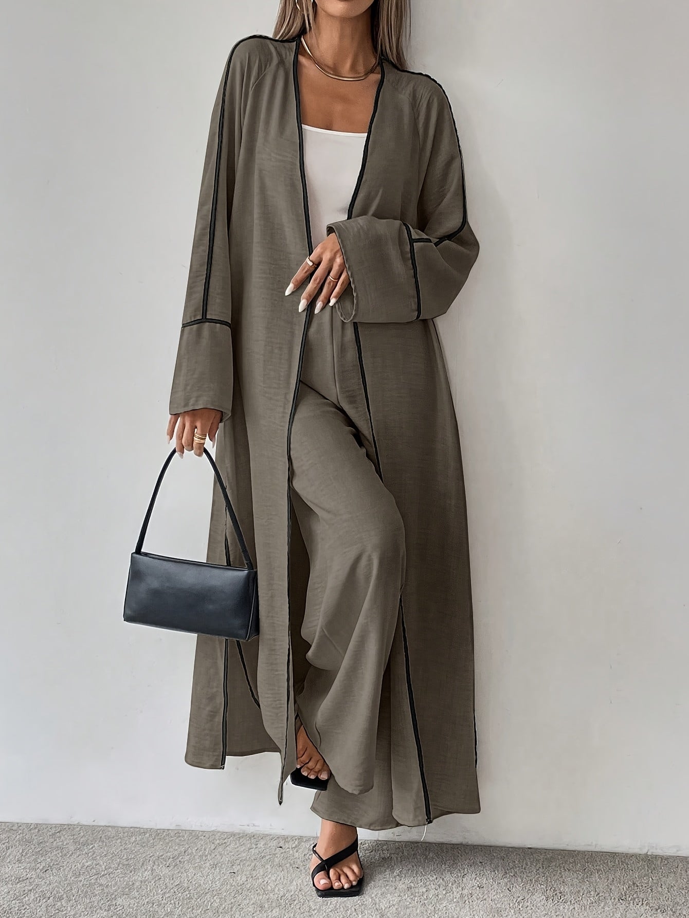 Women'S Elegant Fashion Work Casual Two-Piece Set - Long Sleeve Cardigan with Color Block Detail and Wide-Leg Pants, Loose Fit, All-Season Wear, Stylish Work Attire|Casual Style|Color Block Detail