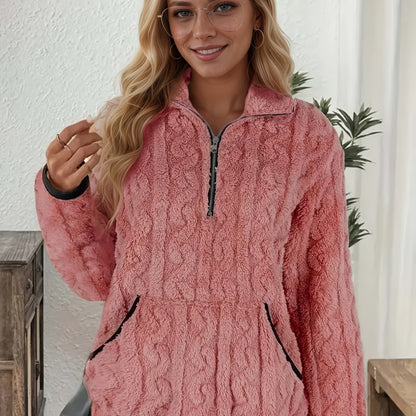 Women's Elegant Plush Full-Zip Winter Jacket - Soft Pink Long Sleeve Coat with Collar, Machine Washable, Warm & Stylish Outerwear for Fall and Winter, Casual to Semi-Formal Occasions