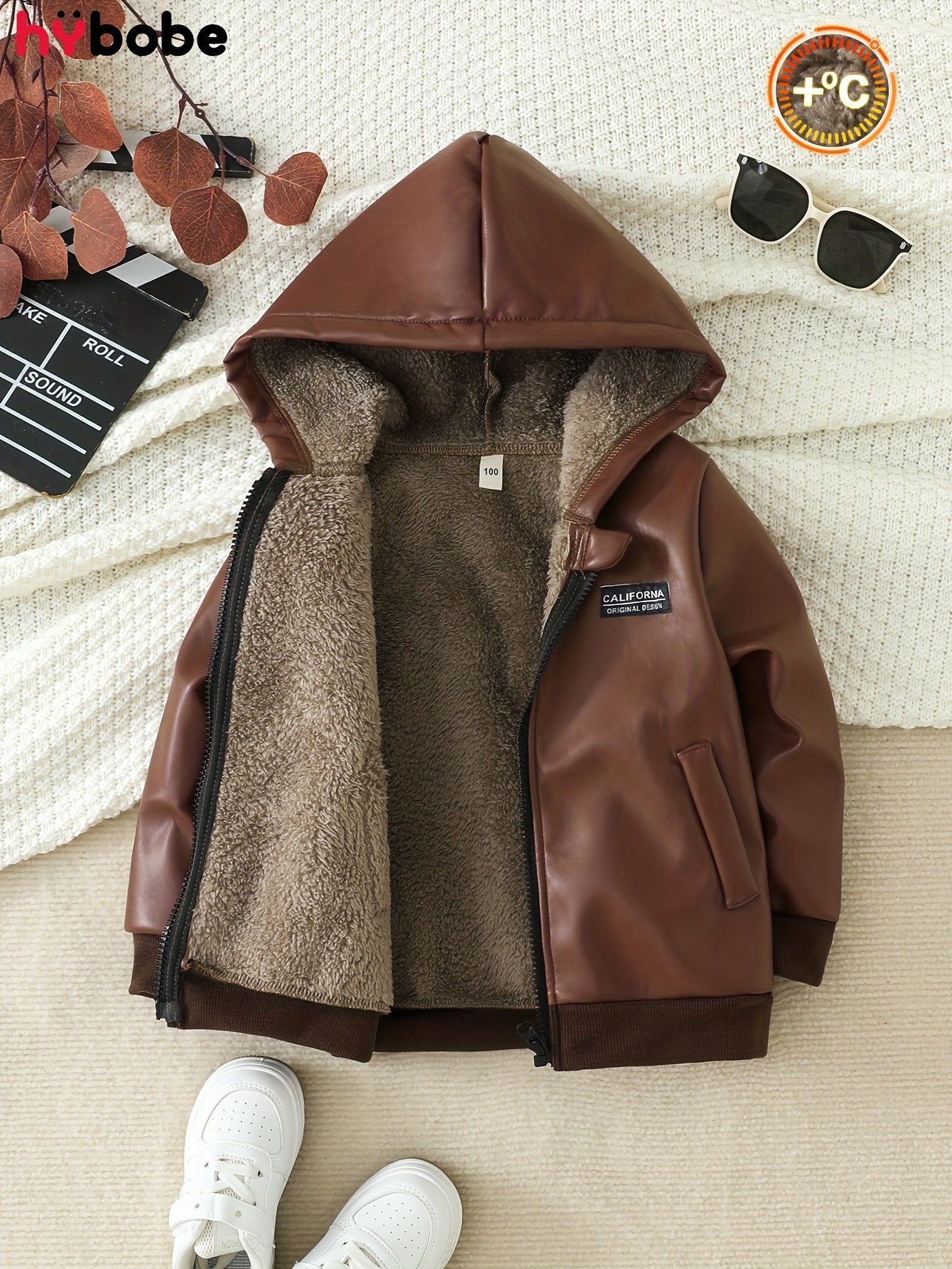 Boys' Fleece Lined PU Leather Jacket Warm Hooded Coat