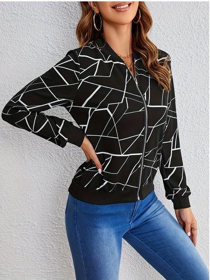 Women's Elegant Black & White Geometric Print Full-Zip Jacket - Casual to Formal Outerwear, Machine Washable Long Sleeve Coat with Full-Zip Front, Relaxed Fit Tapered Hem & Structured Collar for Spring Summer Fall, Casual to