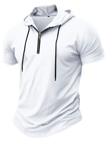1pc Men's Light Blue Casual Hooded Short Sleeve T-Shirt with 1/4 Zipper, Breathable Stretch Fabric for Gym, Outdoor  Summer Wear, Gym Apparel, Stylish Contrast Detailing, Comfortable Fit