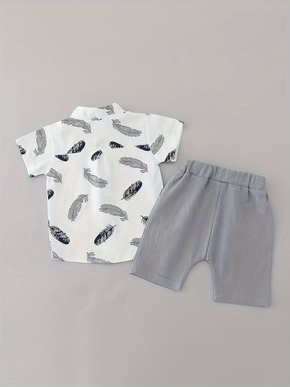Toddler Summer Cotton Feather Print Shirt & Shorts Set