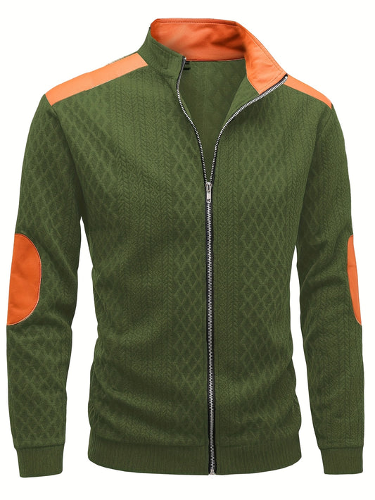 Men's Beige & Orange Contrast Full-Zip Jacket - Winter Warmth Loose-Fit Tailored Coat with Stand Collar, Zippered Pockets & Full-Zip Closure, Machine Washable Casual Outerwear for Men (Beige/Orange) - Ideal for Fall and Winte