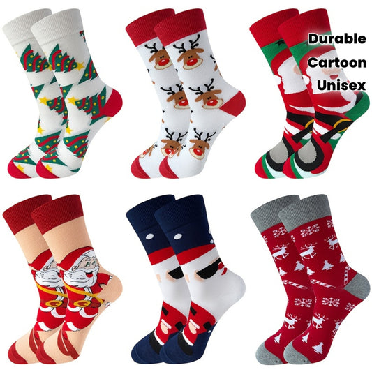 6 Pairs of Autumn-Winter Christmas Socks with Cute Cartoon Snowman and Reindeer Design for Men & Women, Mid-Calf Length, Cozy Comfort, Winter Essentials, Playful Pattern, Fun Holiday Style, Warm Material, Durable Socks, Unise
