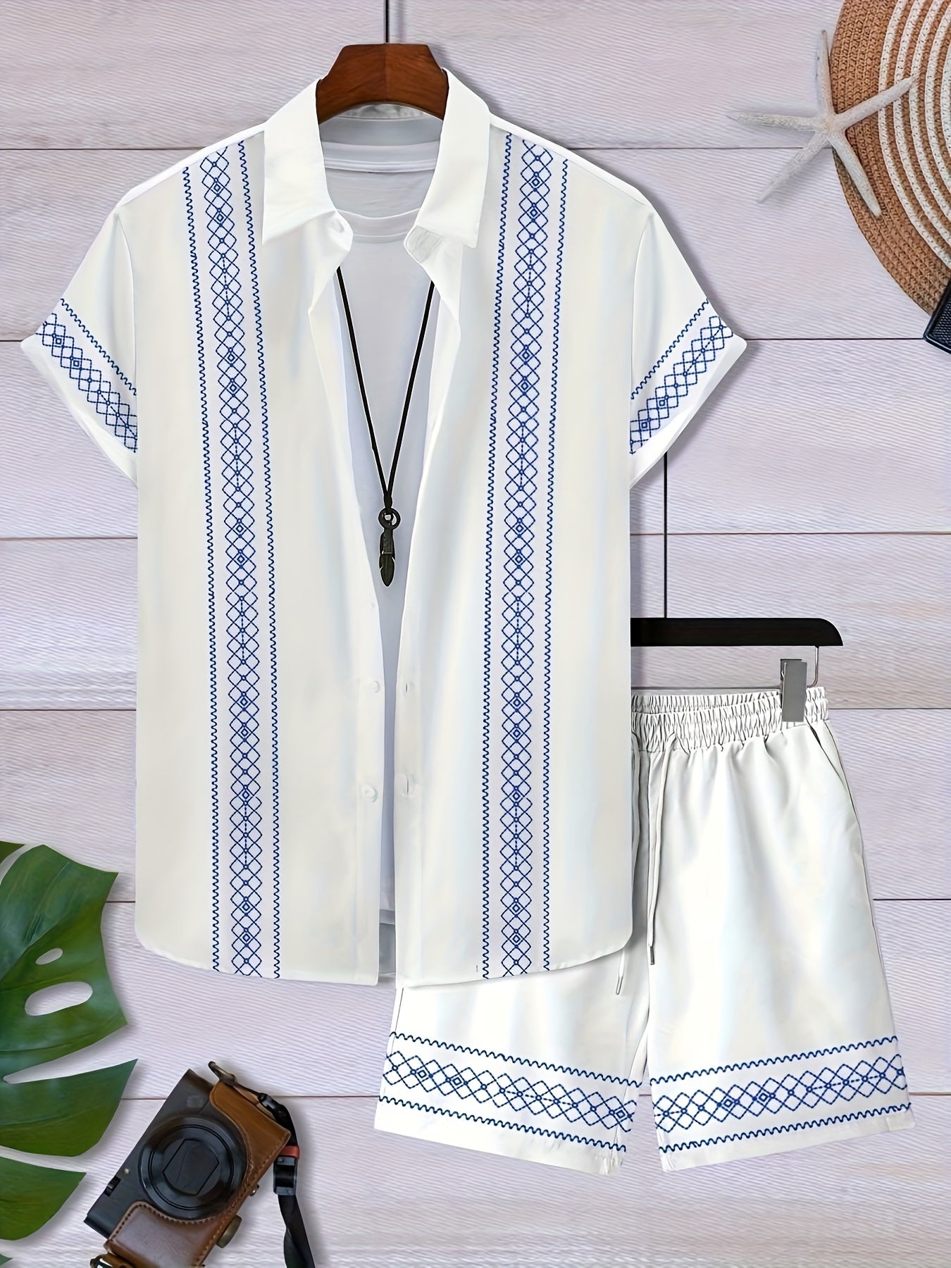 Men's Casual Geometric Pattern Short Sleeve Shirt & Shorts Set