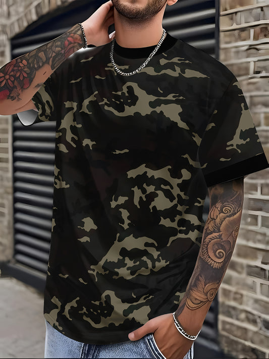 Men'S Camo Print T-Shirt - Short Sleeve, Regular Fit, Casual Style with Skull  Floral Design, Black with Brown/Beige Camouflage Pattern, Perfect for Casual Attire, Everyday Tshirt   Camo Print Tee   Stretchable Fabric
