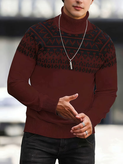 Men'S Solid Color Plaid Warm High-Neck Knitted Long-Sleeve Sweater for Casual Wear in Autumn And Winter