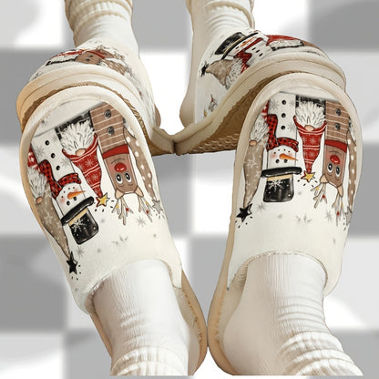 Christmas Snowman Reindeer Gnome Plush Lined Home Slippers, Soft and Beige-Friendly, Couples' Cozy Holiday Atmosphere with Christmas Elements, Holiday Slippers, Festive Pattern, Soft Fabric, Comfortable Cushioning, Couple Sli