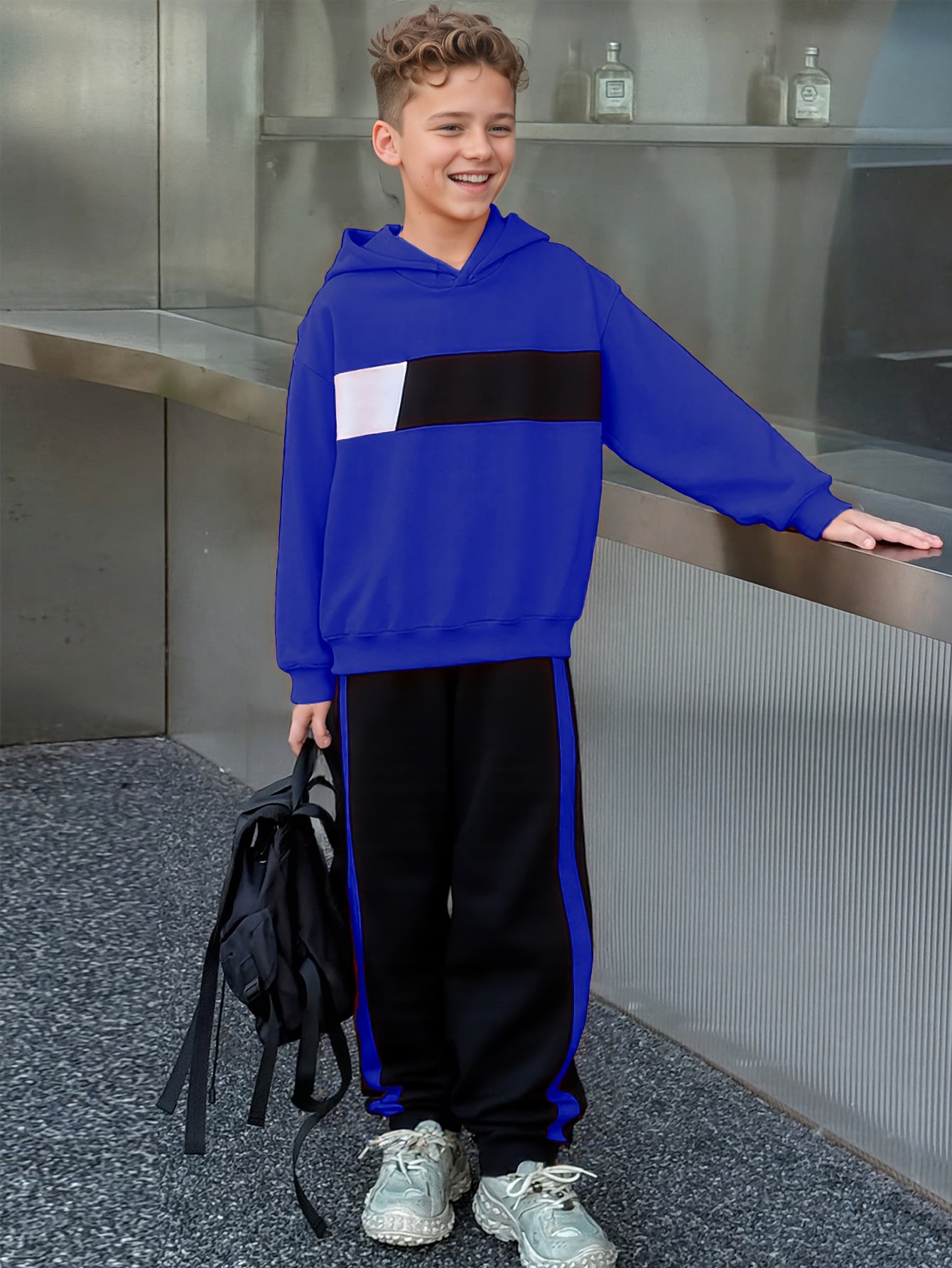 2pcs Boys' Winter Hooded Sweatsuit & Pants - Warm Sweater Outfit with Matching Long Pants, Colorblock Hoodie (Suitable for & Big Kids) - Machine Washable 2pcs set, Perfect for Outdoor