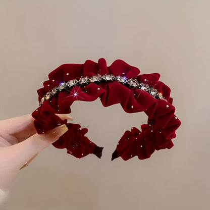 1/2pcs New Style Velvet Ribbon Hairband with Rhinestone Chain & Fold Design for s' Casual Attire