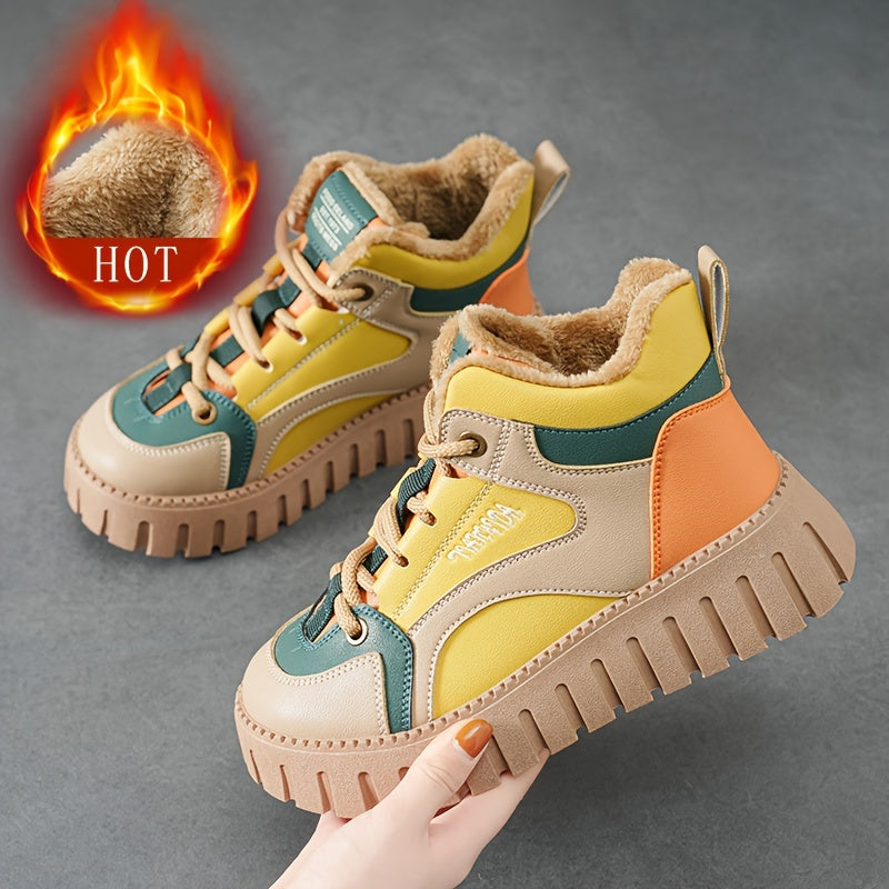 Women's Winter Thermal Snow Boots With Fleece Lining, Height Increasing Platform Thick Sole Comfortable Lace Up Mid Tube Boots