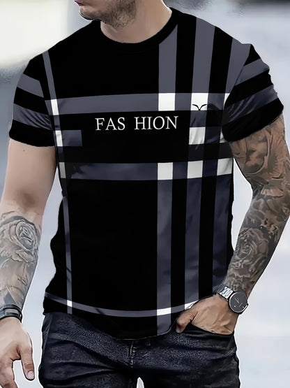 Men'S Casual "FAS HION" Graphic T-Shirt - Black  Blue Plaid, Short Sleeve, Round Neck, All-Season Comfort Fit, Casual Attire   Plaid Pattern Top   Comfortable Fit Shirt