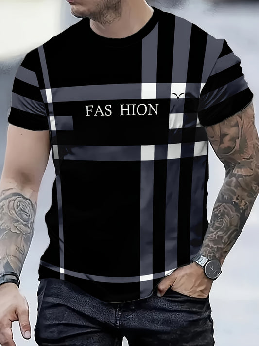 Men'S Casual "FAS HION" Graphic T-Shirt - Black  Blue Plaid, Short Sleeve, Round Neck, All-Season Comfort Fit, Casual Attire   Plaid Pattern Top   Comfortable Fit Shirt