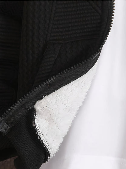 2pcs Boys' Casual Outfit Set, Long Sleeve Hooded Jacket with Embroidery and Zipper, Geometric Pattern Knit Pants, Polyester with Spandex Lining, Regular Fit for Autumn/Winter, for Outdoor