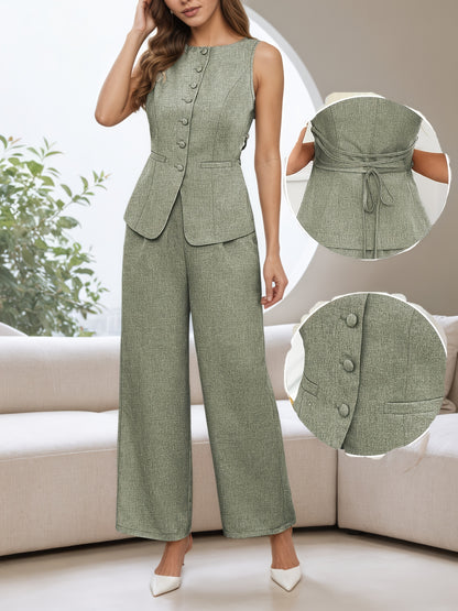 Women'S Elegant Beige Two-Piece Suit with V-Neck, Sleeveless Blazer & Wide-Leg Pants - Breathable Polyester, Button-Up Design, Perfect for Office or Casual Wear, Spring/Summer Collection, Casual Attire|Sophisticated Style|Pol