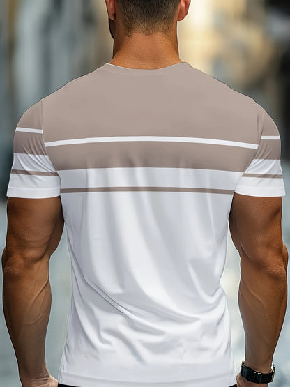 Men's Minimalist Modern T-Shirt - Lightweight Breathable Fabric Crew Neck Tee in White  Beige - Everyday Casual  Formal Summer Shirt - Machine Washable Everyday Essential, Horizontal Stripe Design, Smooth Texture Fabric