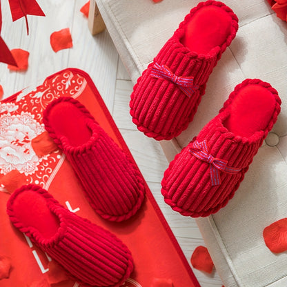 Jialiya Red Festive Simple Slippers - Warm, Versatile Winter Footwear for Women, Perfect for Outdoor Walks and Indoor Home Use, Minimalist and Stylish Design with a touch of Elegance.