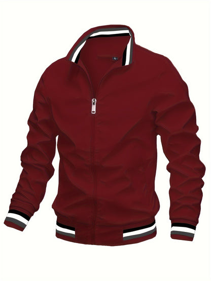 Men's Vintage-Inspired Hip Hop Baseball Jacket - Casual Sports Outerwear with Stand Collar, Zip-Up, Polyester - Perfect for Fall/Winter