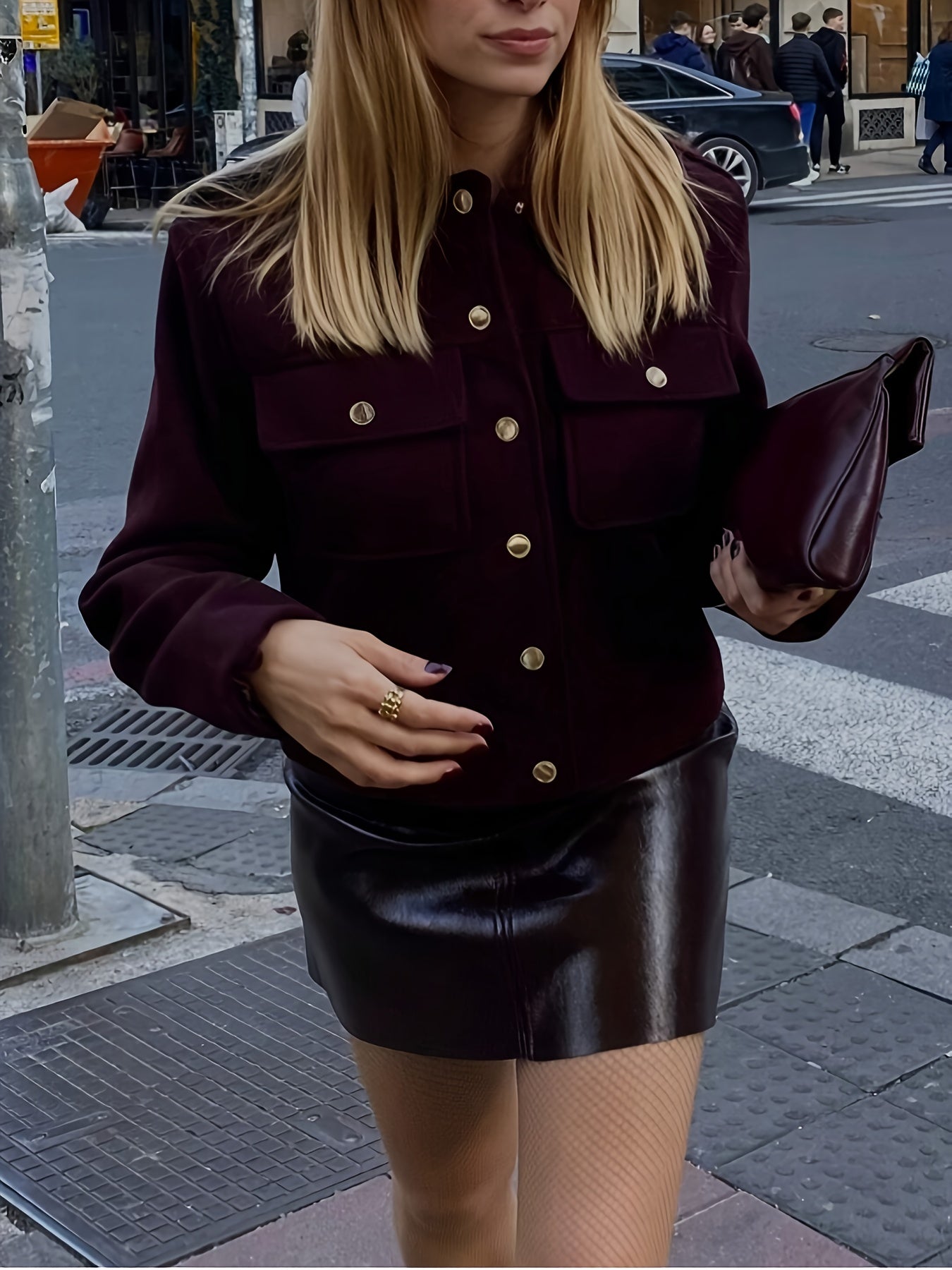 Women's Burgundy Red Jacket with Golden-Tone Button Closure - Structured Collar & Tailored Fit Casual Coat for Fall, Office, Semi-Formal Events - Machine Washable Outerwear (No Stretch)