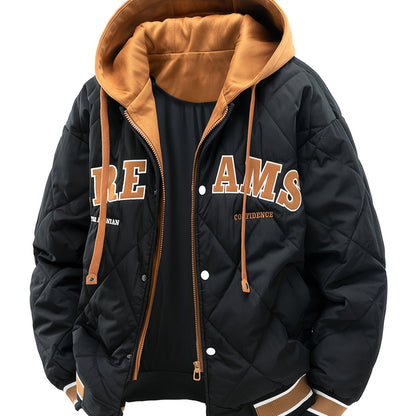 2025 New Product Men's Winter Warm Jacket with Letter Embroidery, Thickened Warm Casual Hooded Faux Two-Piece Jacket Coat for Camping, Christmas New Arrival