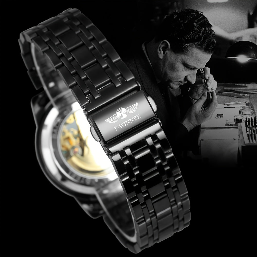 1pc Fashion Luxury Golden Skeleton Automatic Mechanical Watch for Men Luminous Hands Top Brand Stainless Steel Strap Business Casual Mens Watches Festival Birthday Gifts, TWINNER
