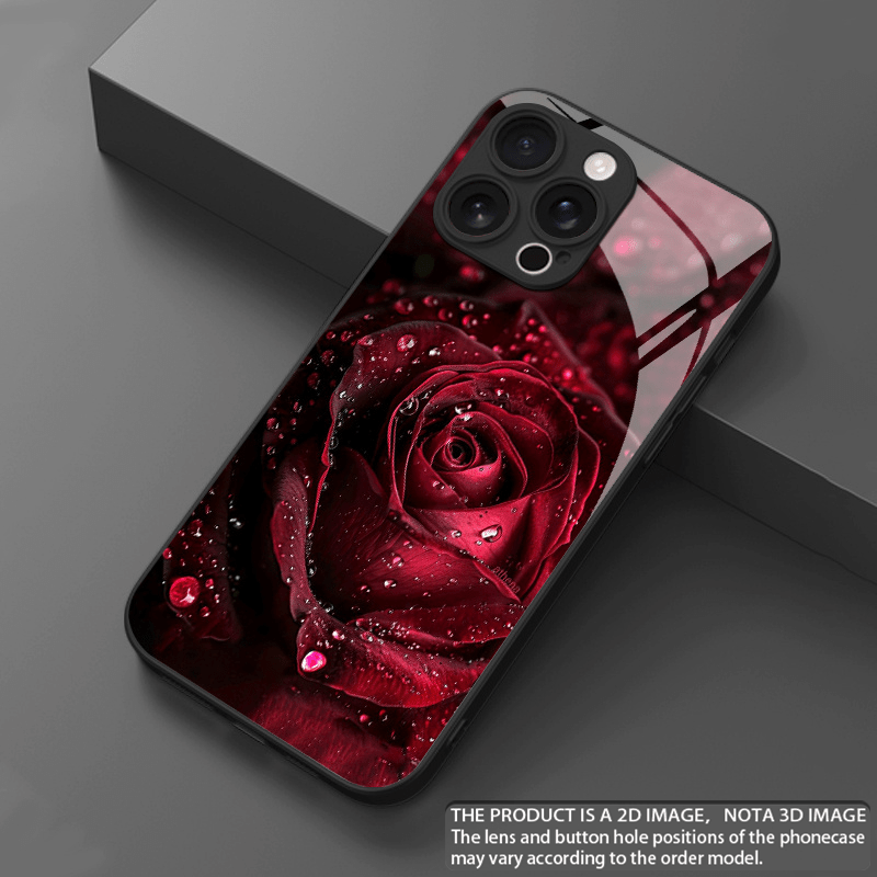 Tempered Glass Phone Case with Crimson Water Droplet Rose Design for i