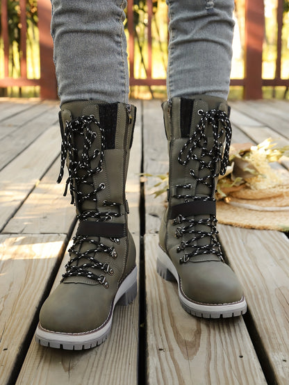 Women'S Comfortable Knitted Mid-Calf Winter Boots - Anti-Slip Side Zipper Lace-Up Design, Thick Sole, Fleece-Lined Retro Style in Black/Brown/Beige/Red/White for Casual Wear, Women Cowboy Boots, Women Winter Boots, Women Autu