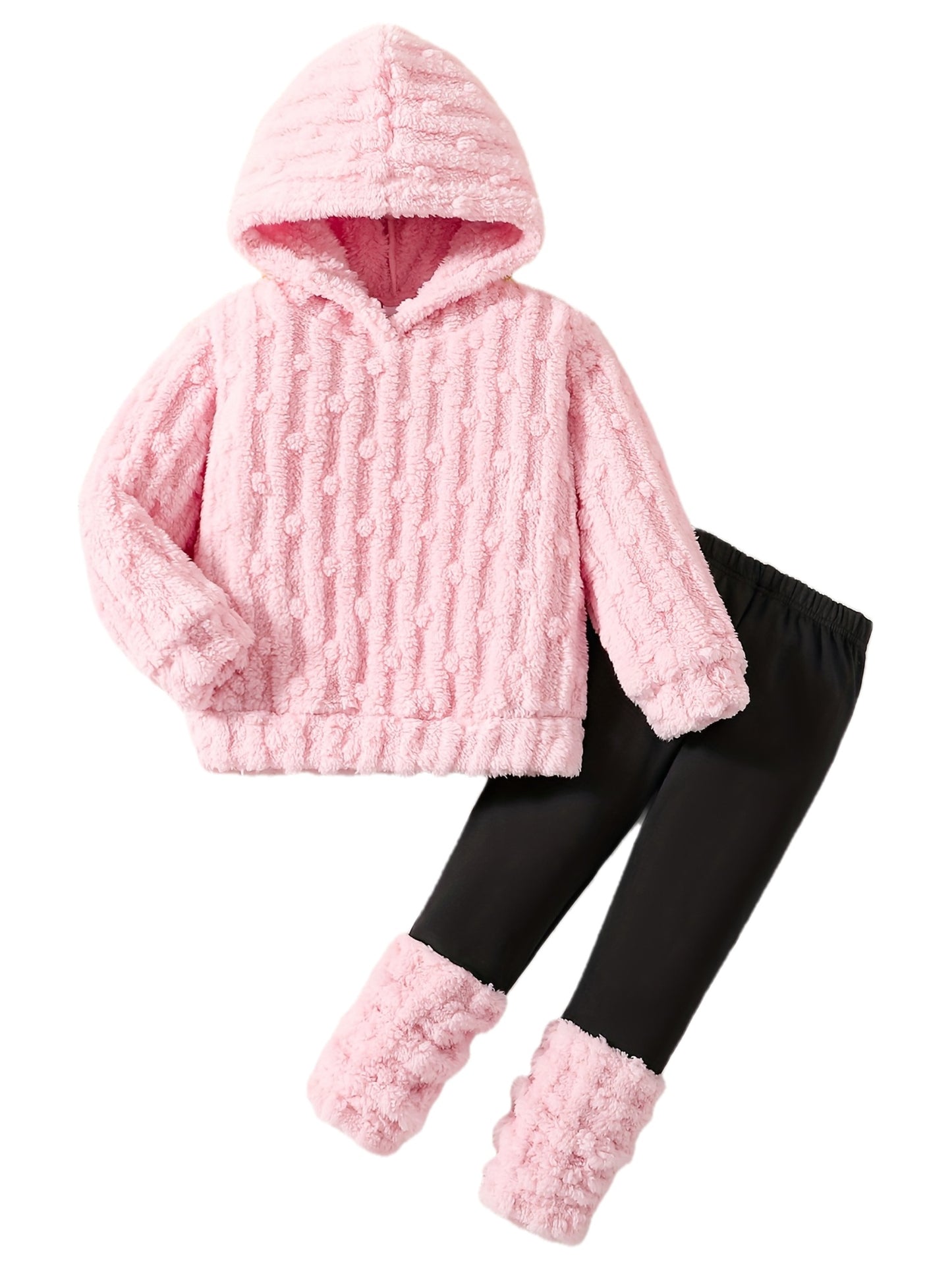 2pcs Girls' Warm Plush Hooded Jacket + Pants Autumn and Winter Style Girls' Cozy Fleece Pullover Sweatshirt with Warm Pants Cute Fashion Street Vertical Stripe Polka Dot Windproof Set Comfortable Soft 4-5-6-7-8 Years Old Suit