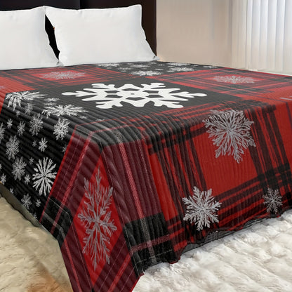 1pc Sdoo New Year Snowflake Red & Black Plaid 2D Printed Milk Fleece Blanket - Soft Warm All-Season Throw for Bed, Sofa, Office, Travel, Hiking, Fishing - Machine Washable, Versatile Gift for Home & Outdoor Use, Cozy Home Acc