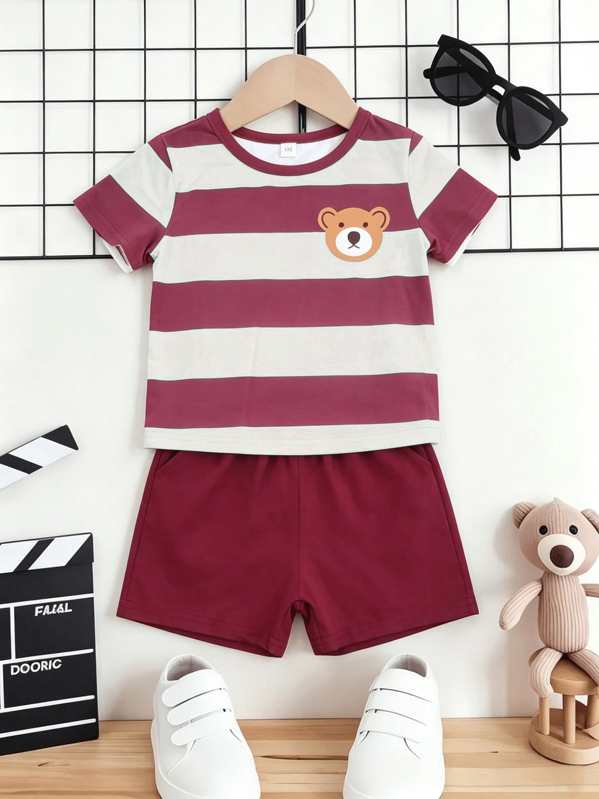 Boys Summer Casual Blue White Stripe Short Sleeve T-Shirt & Shorts Set - ayq