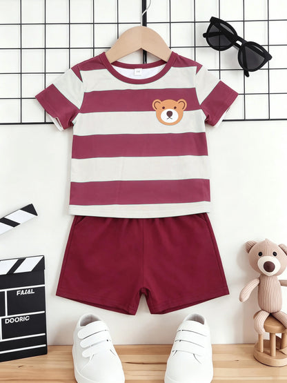 Boys Summer Casual Blue White Stripe Short Sleeve T-Shirt & Shorts Set - ayq