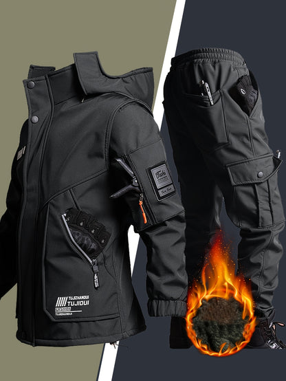 Men's Warm Fleece Casual Jacket and Pants Set for Winter