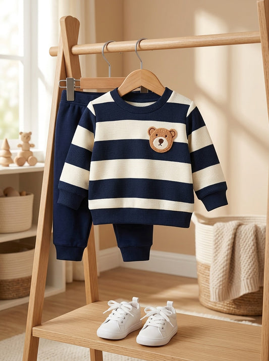 Baby Boy Fall Winter Striped Velvet Sweatshirt and Pants Set - ayq