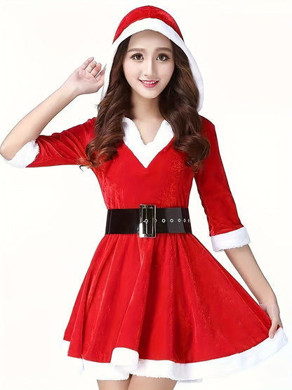 Women'S Elegant Red & Poinsettia Christmas Hooded V-Neck Party Dress with Belt - Sexy Temptation Outfit for Nightclub, Bar, Holiday Events - All-Season Formal &