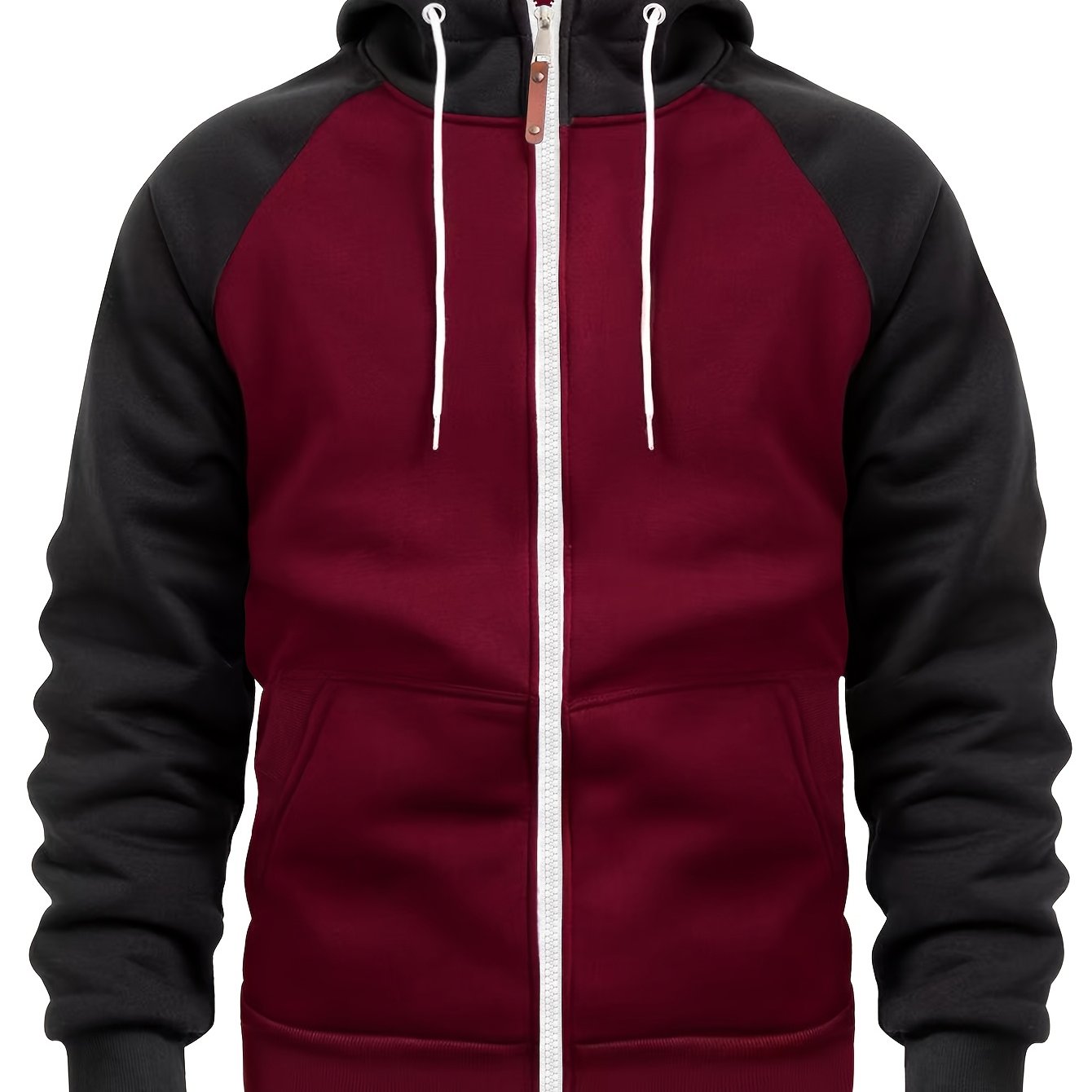 Men'S Stylish Color Block Hoodie - Casual Zip-Up Hooded Sweatshirt with Front Pockets, Long Sleeves, and Ribbed Cuffs - Maroon & Black Design, Comfortable for Fall and Winter Wear