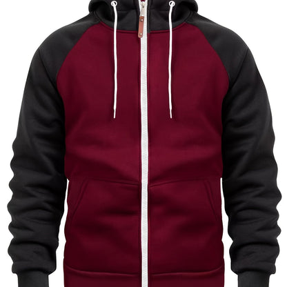 Men'S Stylish Color Block Hoodie - Casual Zip-Up Hooded Sweatshirt with Front Pockets, Long Sleeves, and Ribbed Cuffs - Maroon & Black Design, Comfortable for Fall and Winter Wear